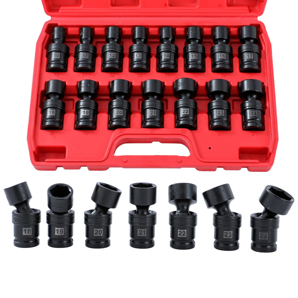 1/2-Inch Drive Swivel Impact Socket Set, 15-Piece Metric, 10-24Mm, 6-Point Cr-Mo Steel Wobble Sockets Shallow 420412 9393856732036