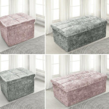 (BLUSH PINK, 38CM X 38CM X 38CM) Crushed Velvet Diamante Ottoman Storage Box Folding Seat Stool Blush Pink Silver Assembled Foldable Wood