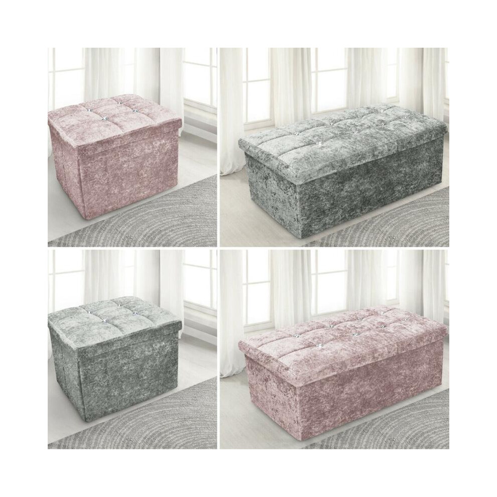 (SILVER, 78CM X 38CM X 38CM) Crushed Velvet Diamante Ottoman Storage Box Folding Seat Stool Blush Pink Silver Assembled Foldable Wood