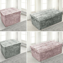 (SILVER, 38CM X 38CM X 38CM) Crushed Velvet Diamante Ottoman Storage Box Folding Seat Stool Blush Pink Silver Assembled Foldable Wood
