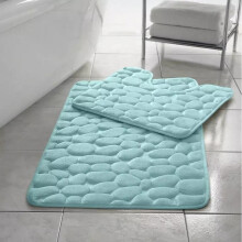 (Aqua) Memory Foam Non Slip Bath Mat Set 2 Piece Rubber Pedestal Toilet Bathroom Rug Retro