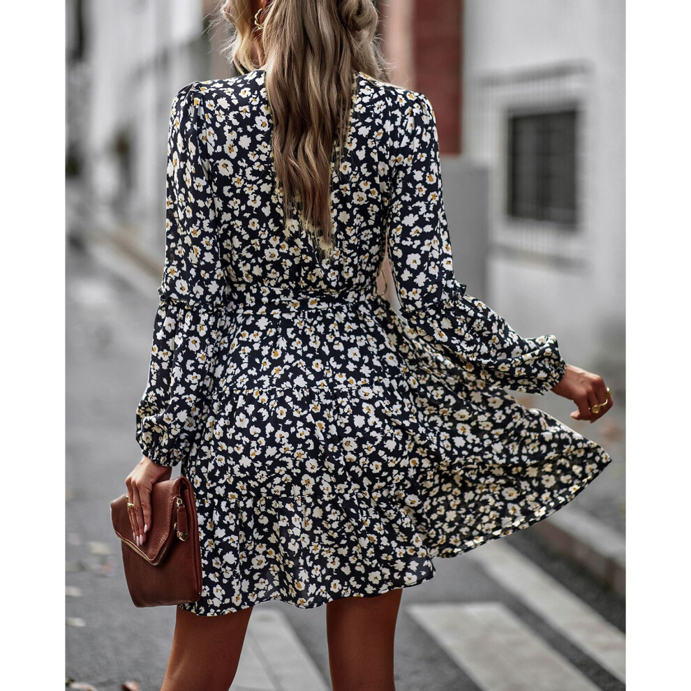 Women Floral Print V-Neck Long Sleeve A-Line Midi Dress Black S-image-OPC-PMH9QZY-NEW