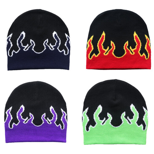 Flame Beanies  Flame Skull Cap Knit Beanies Hat Y2K-Green 1