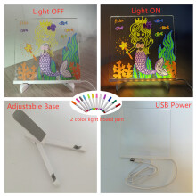 (15x15CM) LED Message Board with 7 Color Pens, Acrylic Glow-In-The-Dark Drawing Board, LED Illuminated Drawing Tablet with Stand for Office