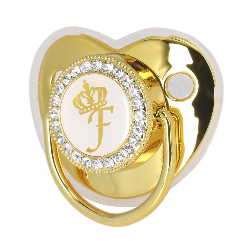 Crown Pacifier: Rhinestone Embellished Letter F With Chain Golden