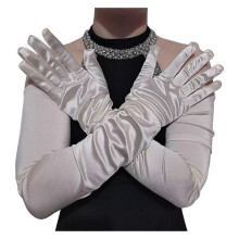 (Beige) Evening Party Gloves for Women Long Length Satins Elbow Gloves for Lady Cosplay Costume Sexy Arm Gloves NightClub Gloves White