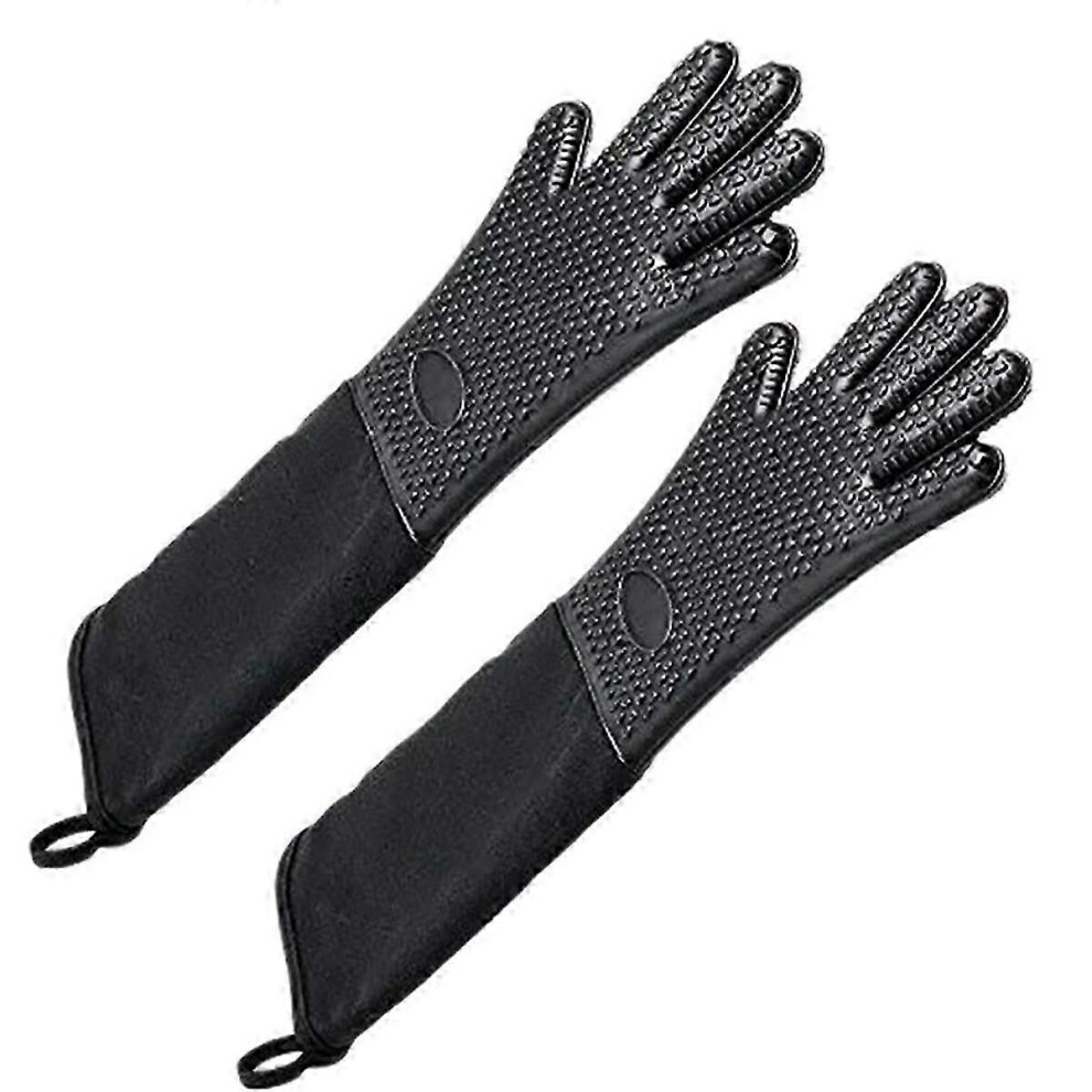 Extra long professional silicone oven mitt with cotton interior for cooking, barbecue, baking and grilling.