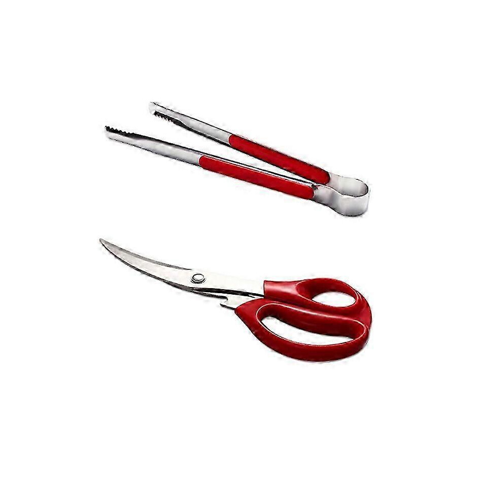 Korean BBQ Scissors and Tongs Set - Ergonomic Stainless Steel Tongs (Red)-image-OPC-PMHB7MP-NEW