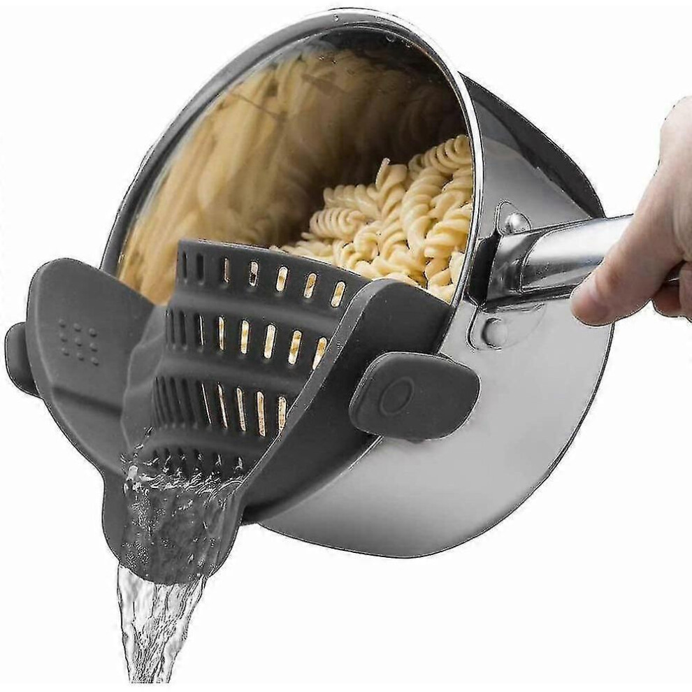(Grey) Pot And Pasta Strainer - Adjustable Clip-On Silicone Colander For Pots, Pans And Ls Grey