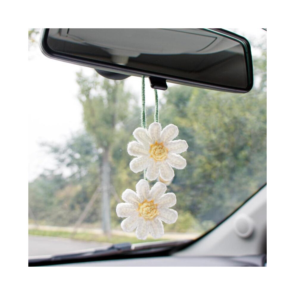 (, 1Pc) Cute Crochet Flower Car Mirror Ornament, Hanging Car Interior Decoration, Car Rear View Mirror Crochet Pendant For Women & Girls, Car White 5052987519209