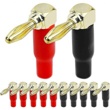 Pack of 12 90 degree angled banana plugs, 4 mm, made of pure gold-plated copper, L-shaped, for speaker cables, audio/video receivers and amplifiers.