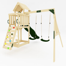 GALACTICA Outdoor Wooden 2 Swings and Slide Set, With Rope Ladder and Telescope