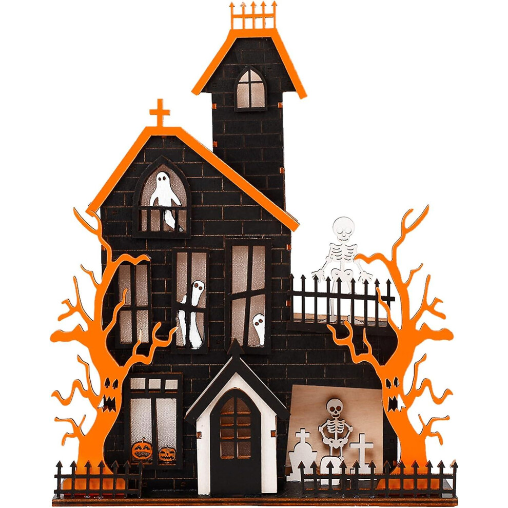 Kikidex (As Show, One Size) Halloween Tabletop Decoration, Wooden Lighted Ghost House Decoration Ornaments, Battery Operated Halloween Sign Indoor F
