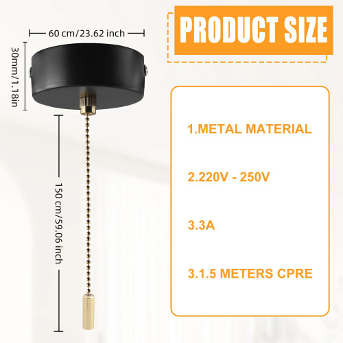 Round Metal Light Switches 60mm Diameter with 150cm Pull-Gold 1