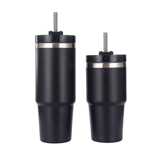 30oz Schwarzer Edelstahl-Reisebecher mit Trinkhalm-Deckel 1