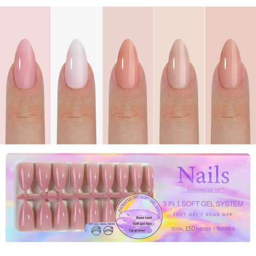 5 Colors Soft Gel Nail Tips Pre-applied Base Coat 15 Sizes DIY