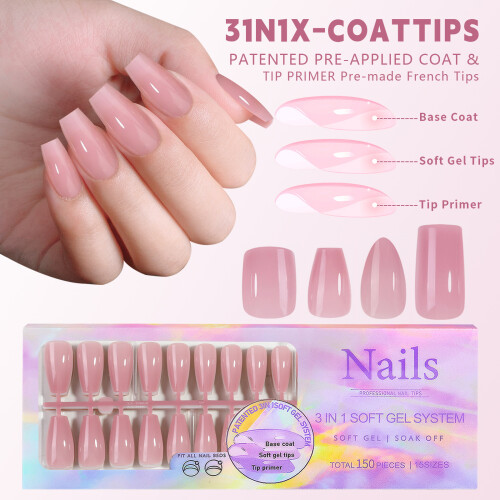 5 Colors Soft Gel Nail Tips Pre-applied Base Coat 15 Sizes DIY 2