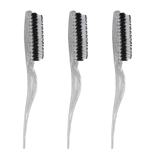 (Glitter Silver) 3pcs Rat Tail Brush 3 Rows Nylon Teasing Styling Glitter Red