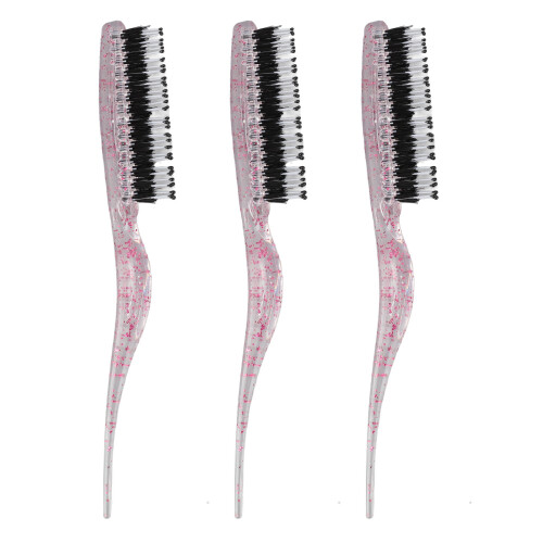 (Glitter Red) 3pcs Rat Tail Brush 3 Rows Nylon Teasing Styling Glitter Red