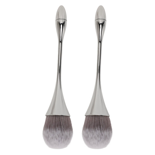 (Silver) 2PCS Nail Art Powder Brush Soft Bristles Ergonomic Handle Silver