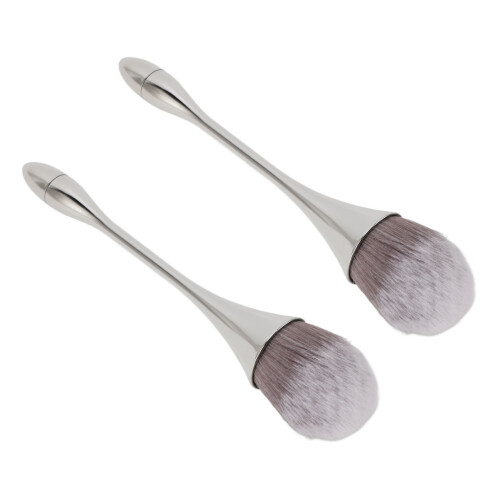 (Silver) 2PCS Nail Art Powder Brush Soft Bristles Ergonomic Handle Silver 2
