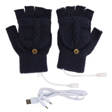 (Dark Blue) USB-Heizhandschuhe halbfingerlos gestrickt Winter Dunkelblau