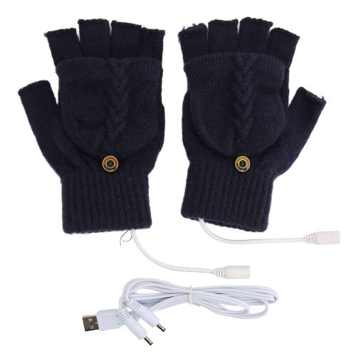 (Dark Blue) USB-Heizhandschuhe halbfingerlos gestrickt Winter Dunkelblau