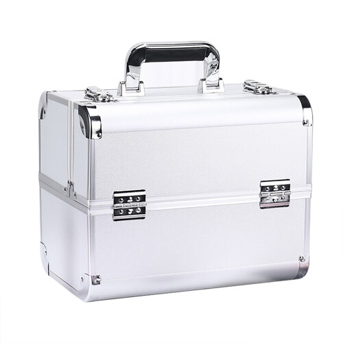 (Silver) Portable Large Multilayer Makeup Case - Black