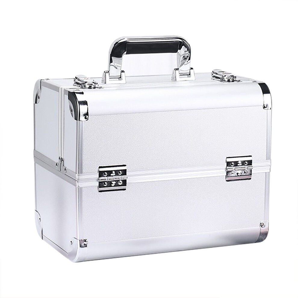 (Silver) Portable Multilayer Makeup Case Large Space Cosmetic Train Case Black