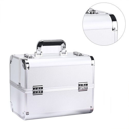 (Silver) Portable Large Multilayer Makeup Case - Black 1