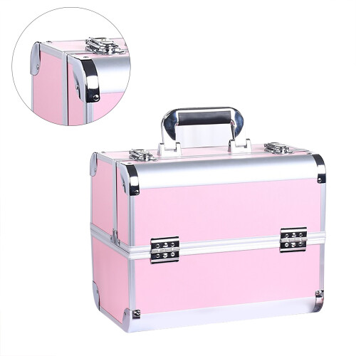 (Pink) Portable Large Multilayer Makeup Case - Black 2
