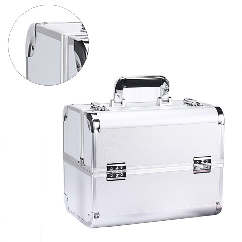 (Silver) Portable Large Multilayer Makeup Case - Black 2