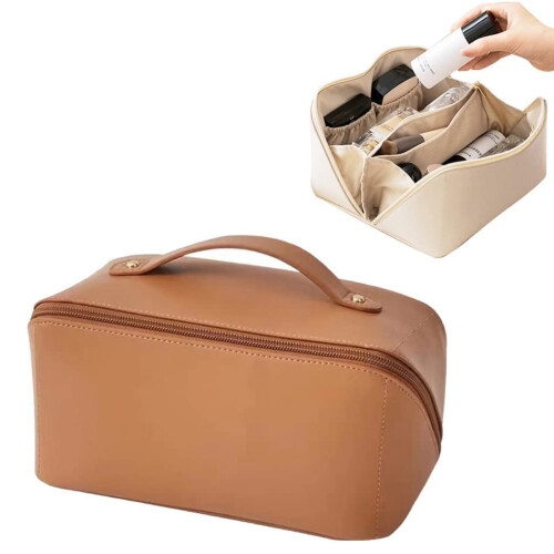 Tragbare PU-Leder-Kosmetiktasche mit Griff und Fächern