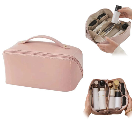 Tragbare PU-Leder-Kosmetiktasche mit Griff und Fächern 1