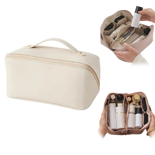 Tragbare PU-Leder-Kosmetiktasche mit Griff und Fächern 1