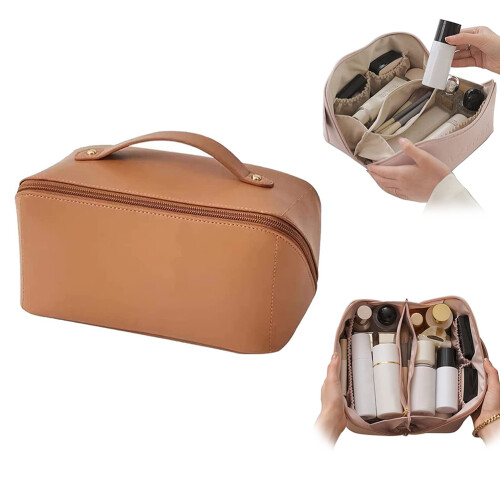 Tragbare PU-Leder-Kosmetiktasche mit Griff und Fächern 1