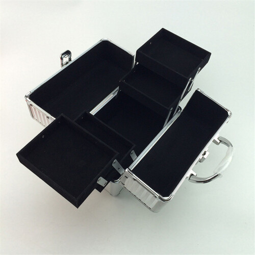 (Silver Strip Black Bottom) Large Silver/Red Makeup Case 25x17x17cm