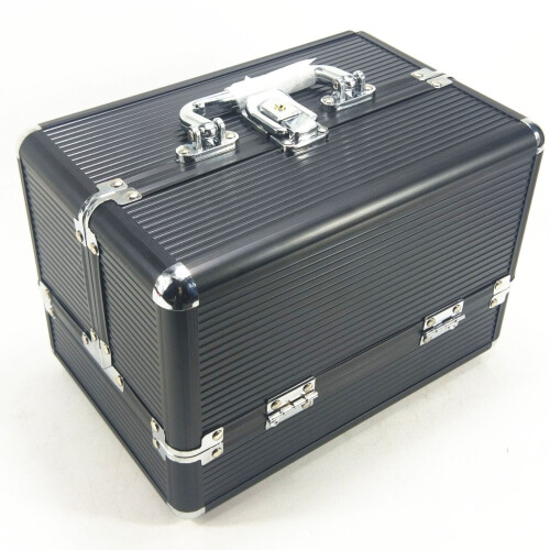 (Black Strip Black Bottom) Large Silver/Red Makeup Case 25x17x17cm