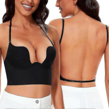 (32C, Black) Low Back Bras For Women-seamless Deep U Plunge Backless Bras Convertible Multiway Low Cut Open Back Bra Halter Bras