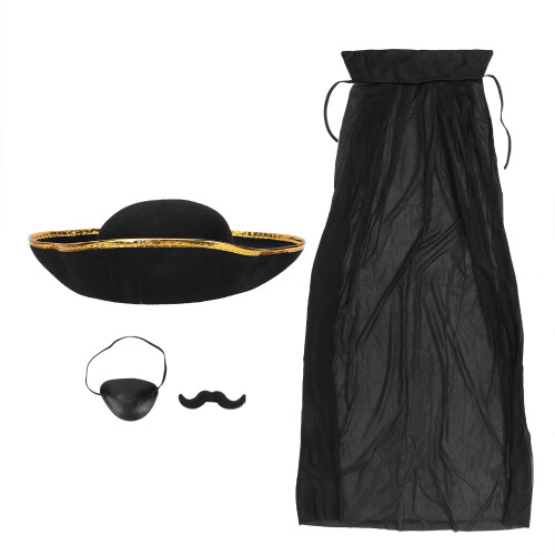 Costume Pirata Nero Mantello Cappello Maschera Occhio Barba