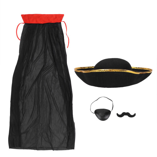 Costume Pirata Nero Mantello Cappello Maschera Occhio Barba 1