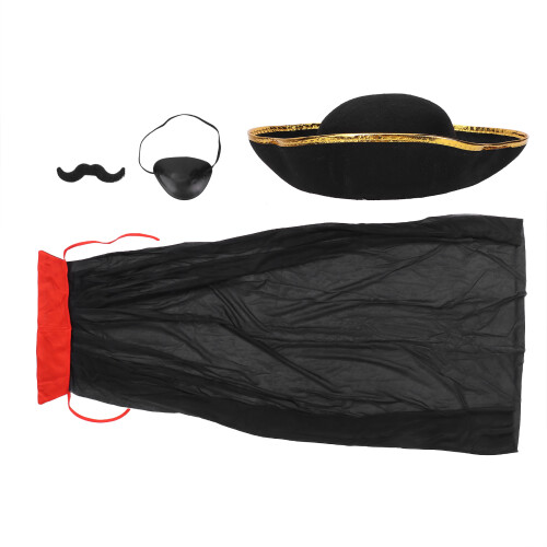 Costume Pirata Nero Mantello Cappello Maschera Occhio Barba 2