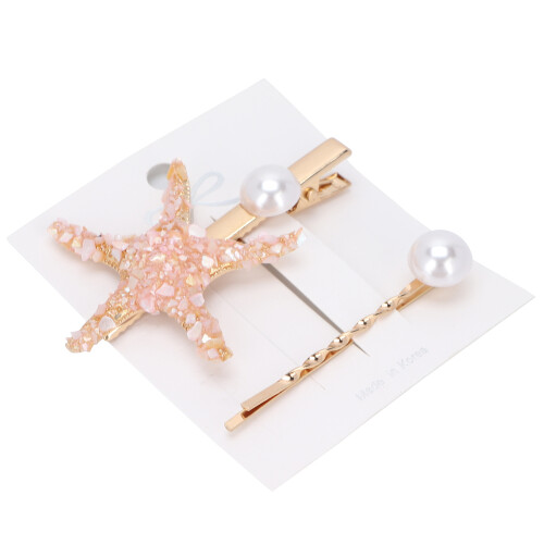 (Pink) 2x Falsche Perlen-Seestern-Haarclips, Weiß 1