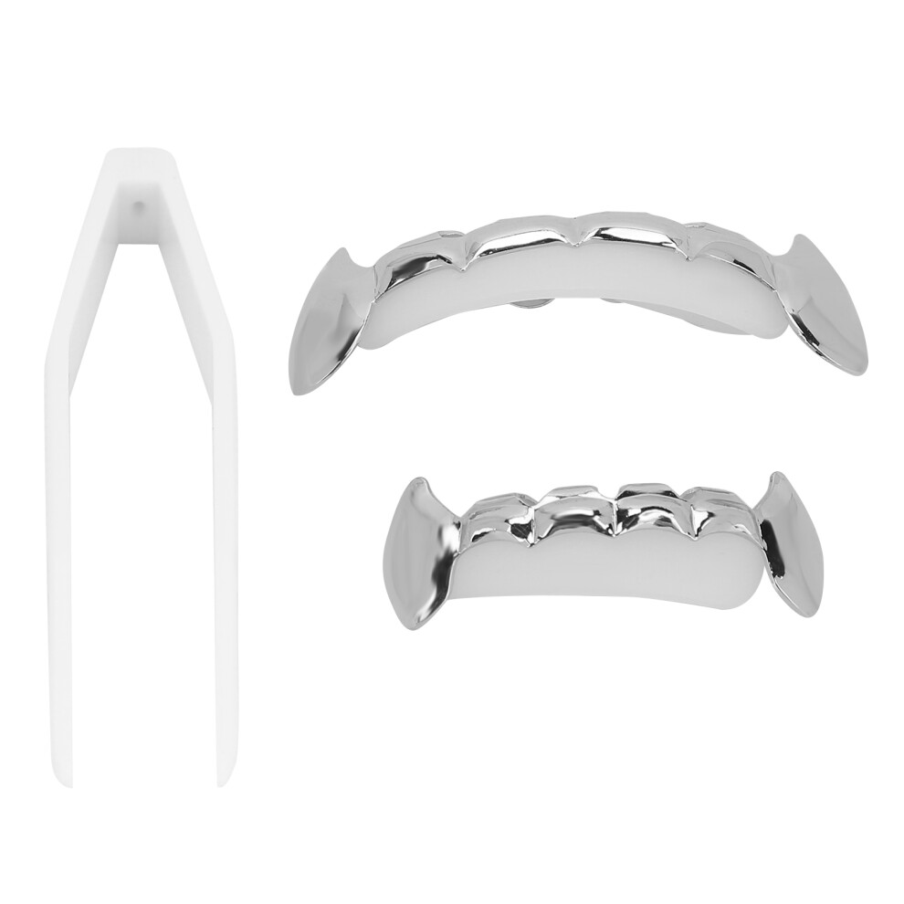 (Silver) Hip Hop False Teeth Set Reusable Copper Halloween Gold Brace