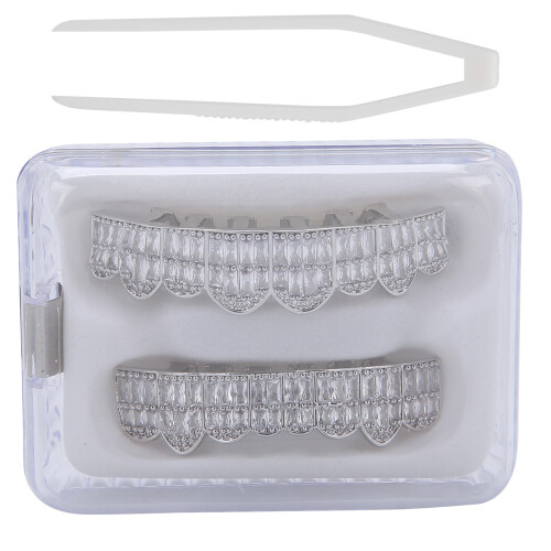 (Silver) Set Denti Hip Hop Ottone Placcato Oro Argento Halloween
