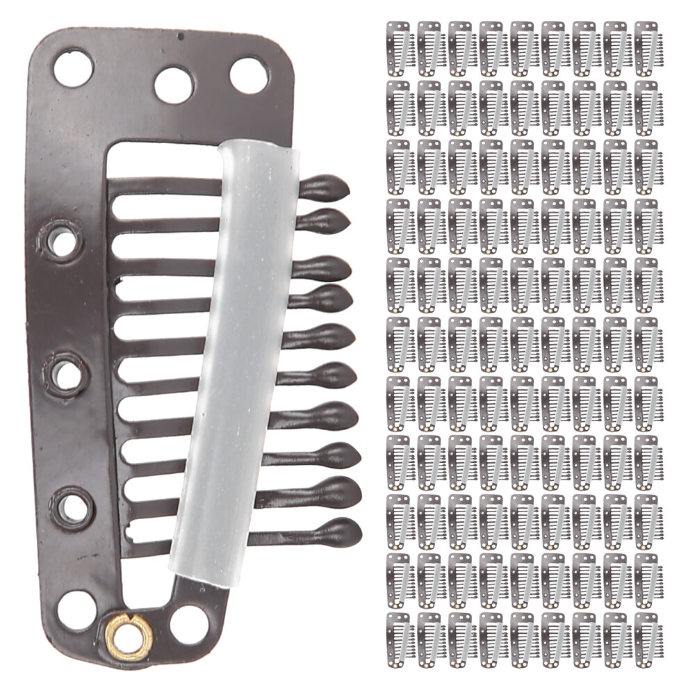 (Coffee) 100pcs 10 Teeth Stainless Steel Wig Clip Coffee