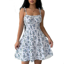 (L) Summer Women's Blue Floral Halter Short Dresses Square Neck Dating Dresses