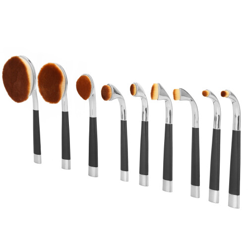 (AW02 Silver Black Handle) 9Pcs Makeup Brushes Powder Sculpting BB Cream Tool Silver Black