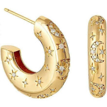 Vintage Chunky Moon Star Thick Small Hoop for Women Girls Dainty Trendy Silver Post Real Gold Plated Crystal C Shaped Open Huggie Hoops Hypoallerge