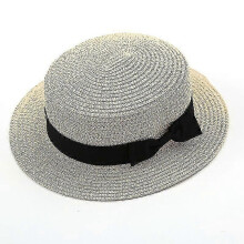 (Beige) Womens Beach Bowler Straw Boater Hat Round Flat Caps Wide Brim